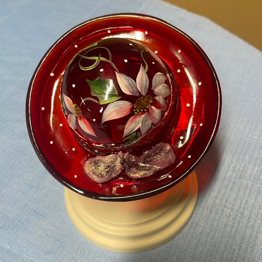 Fenton Amberina Red Poinsettia Hand Painted Hat with Stand